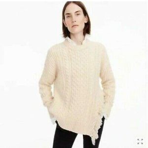 J. Crew Cream Chunky Cable Knit Fringe Side Slit Oversize Sweater SZ MEDIUM